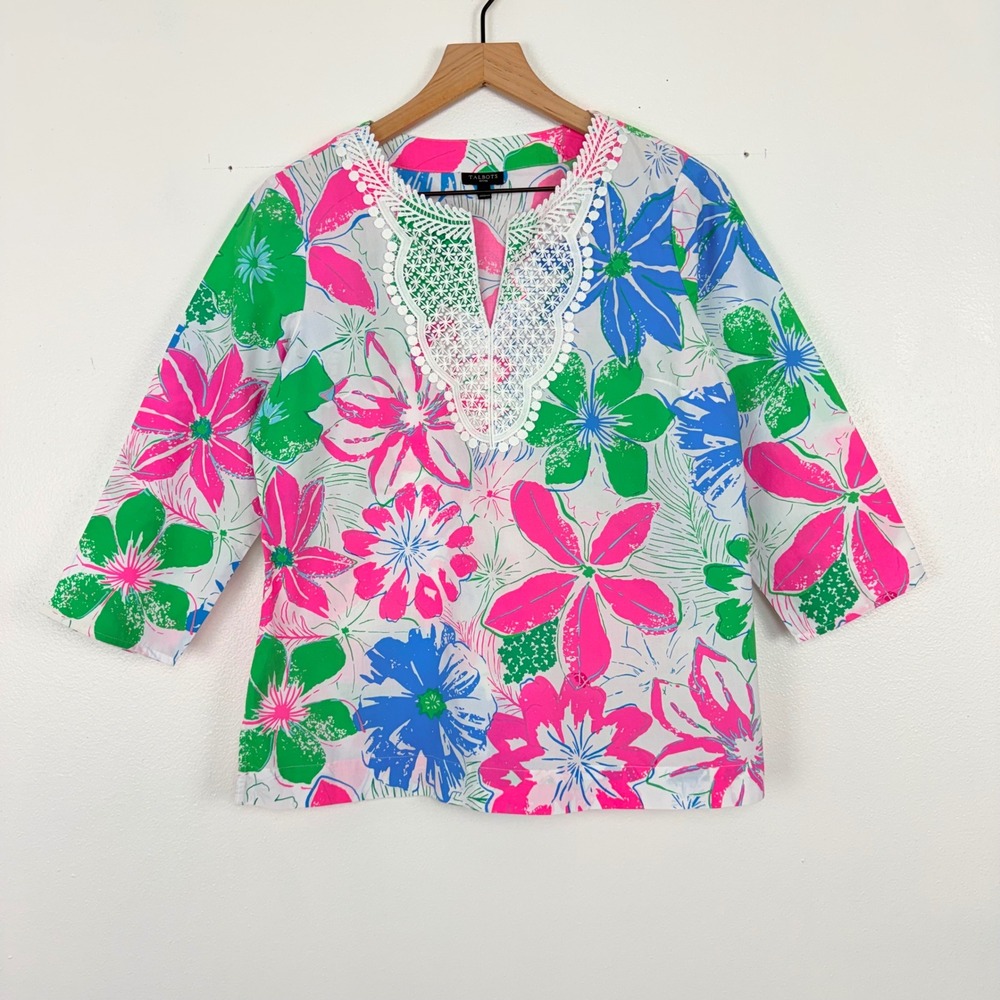 Talbots Floral Tunic Top Womens M Petite Multi Color Lace Neck Cotton 3/4 Sleeve